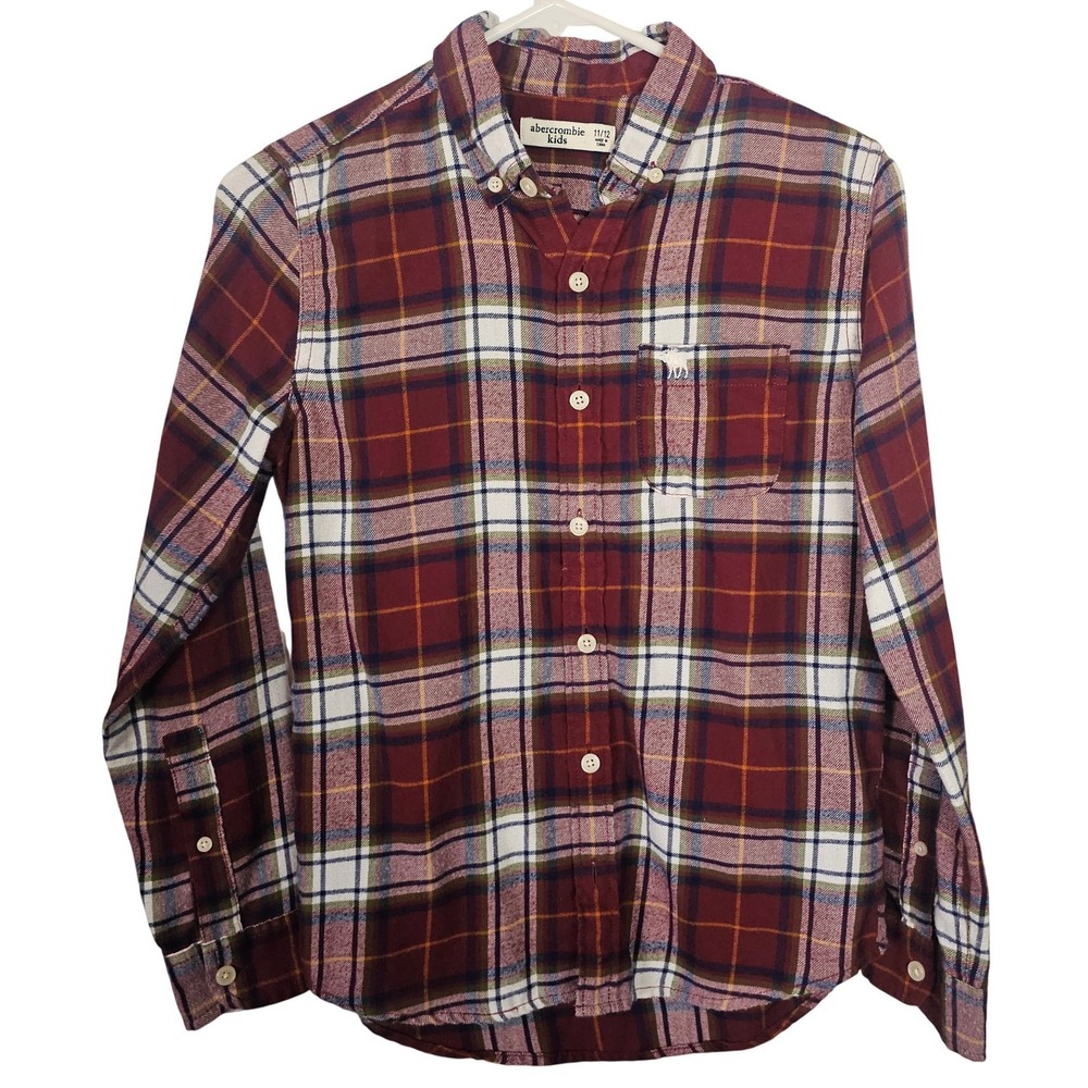 Abercrombie Kids Boys Plaid Flannel Button Down Shirt Burgundy Red 11/12 Fall